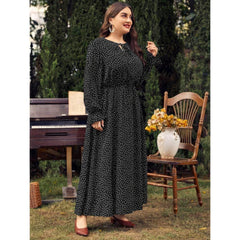 Plus Size Polka Dot Long Sleeves Lace Neck Maxi Dress