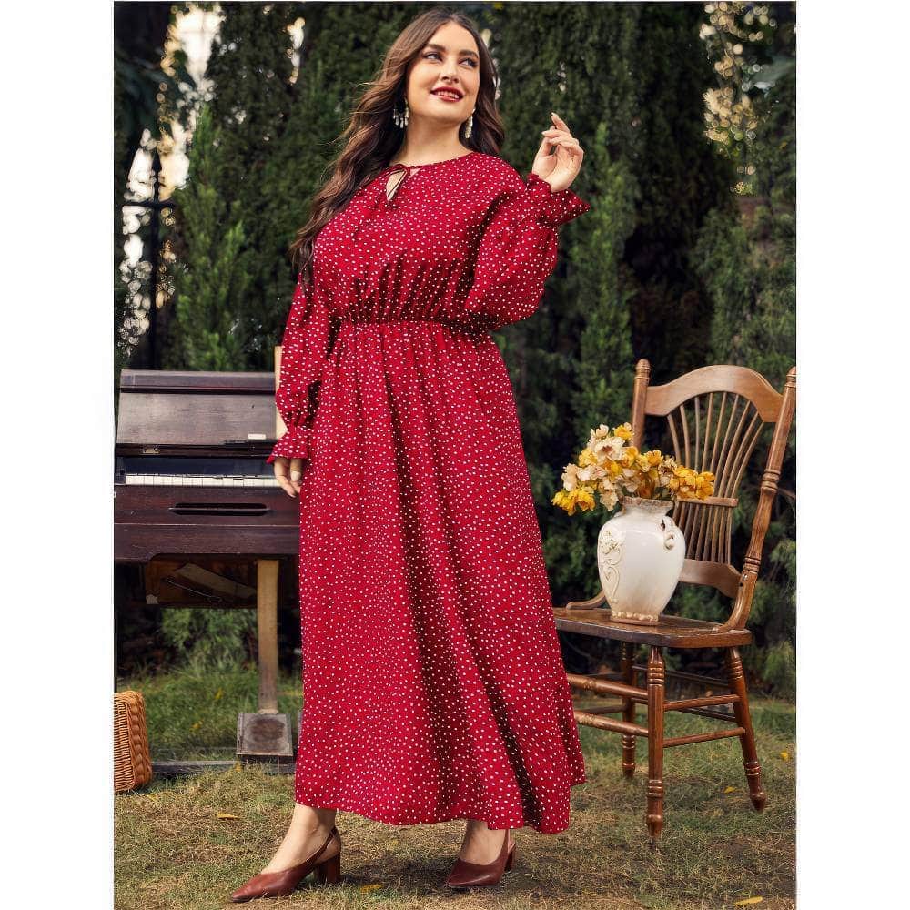 Plus Size Polka Dot Long Sleeves Lace Neck Maxi Dress