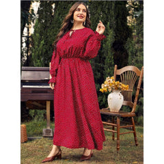 Plus Size Polka Dot Long Sleeves Lace Neck Maxi Dress