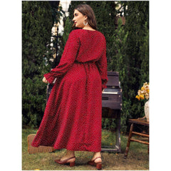 Plus Size Polka Dot Long Sleeves Lace Neck Maxi Dress