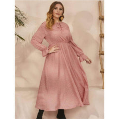 Plus Size Polka Dot Long Sleeves Lace Neck Maxi Dress