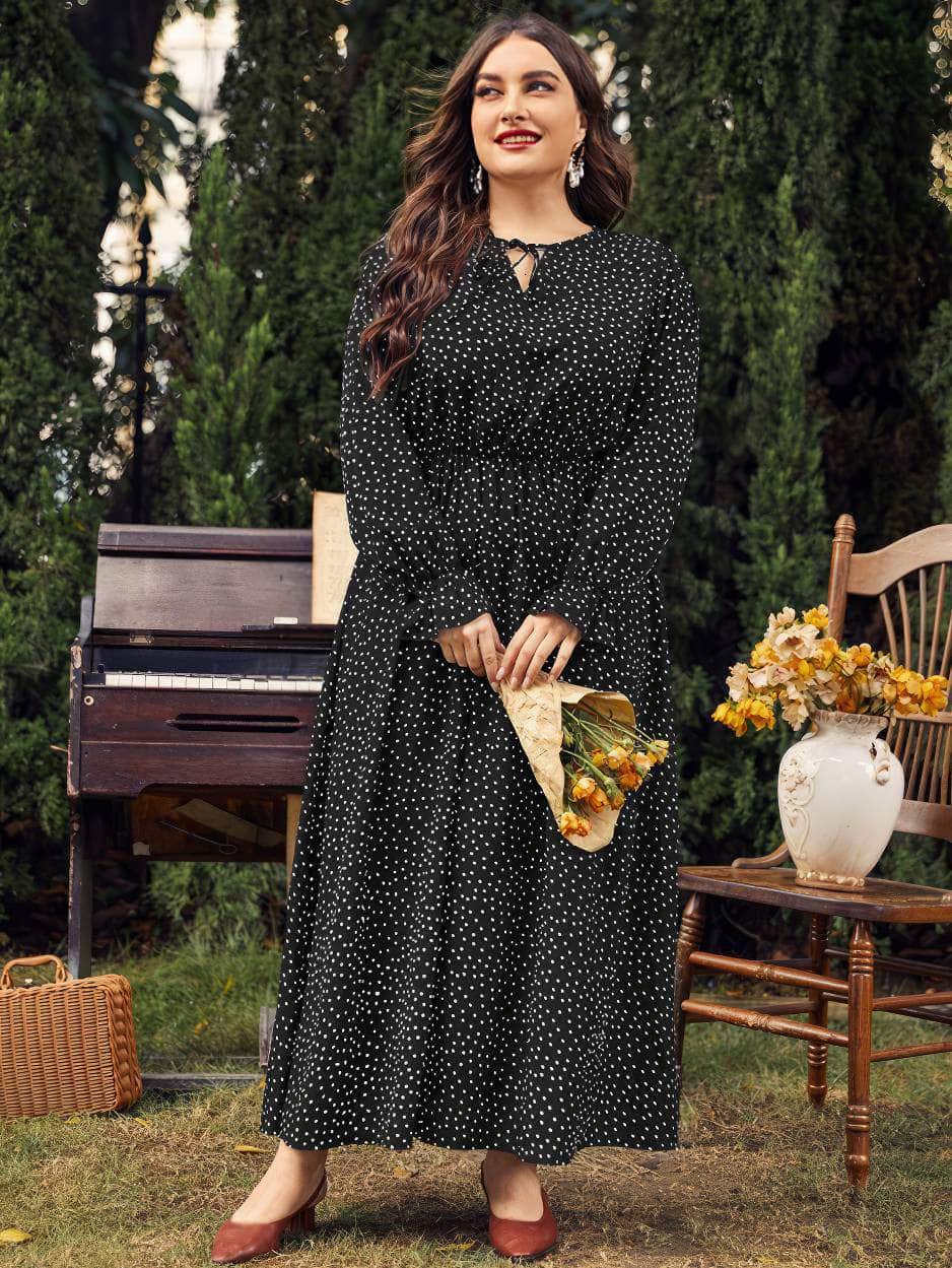 Plus Size Polka Dot Long Sleeves Lace Neck Maxi Dress US 12-14 / Black