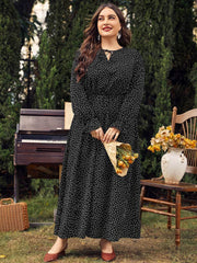 Plus Size Polka Dot Long Sleeves Lace Neck Maxi Dress US 12-14 / Black