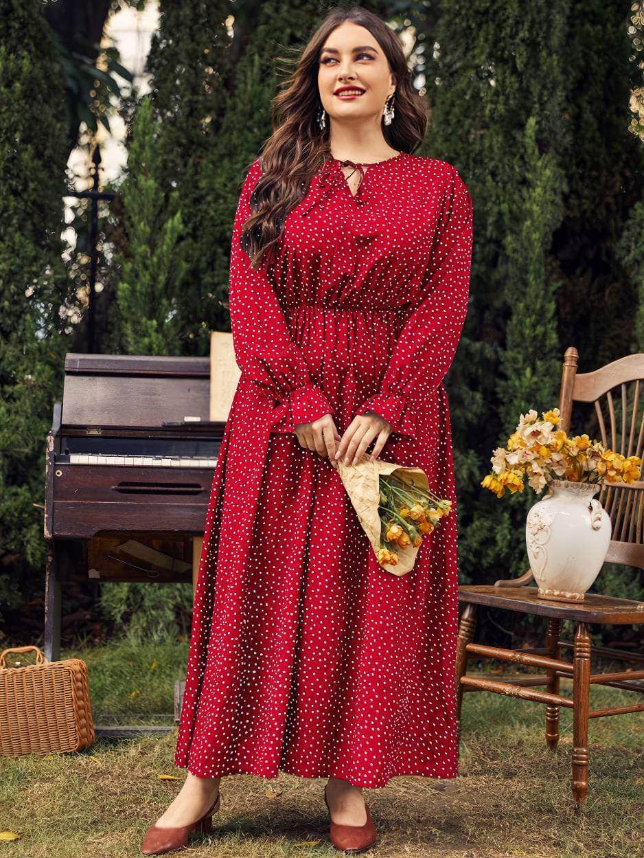Plus Size Polka Dot Long Sleeves Lace Neck Maxi Dress US 12-14 / Red