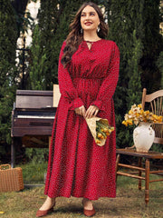Plus Size Polka Dot Long Sleeves Lace Neck Maxi Dress US 12-14 / Red