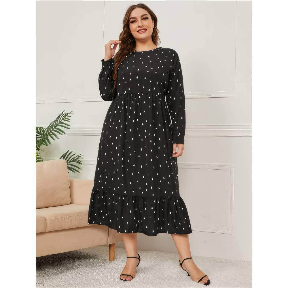 Plus Size Polka Dot Pleated Hem Smock Mesh Dress
