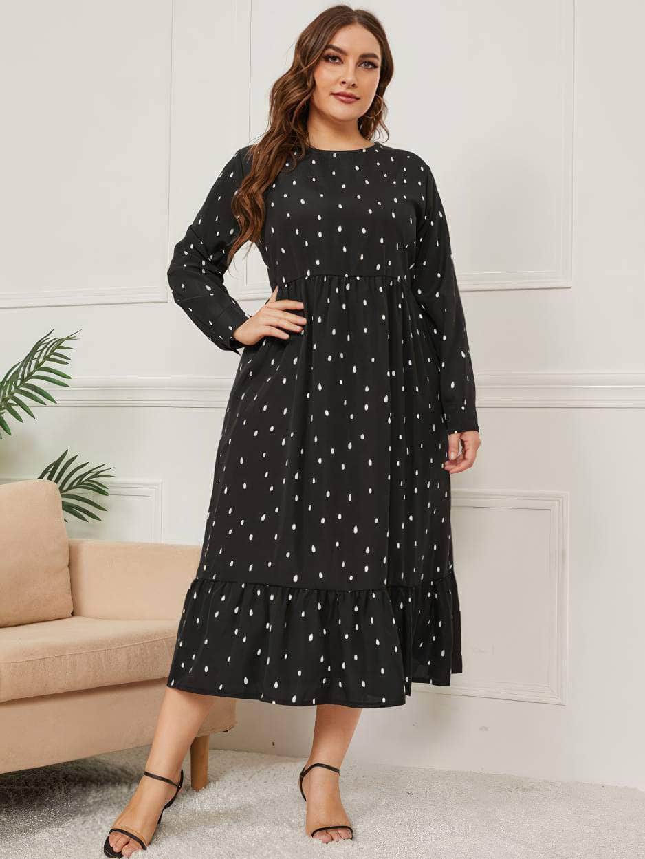 Plus Size Polka Dot Pleated Hem Smock Mesh Dress US 12-14 / Black