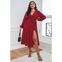 Plus Size Polka Dot Waist Sash Side Slit Dress