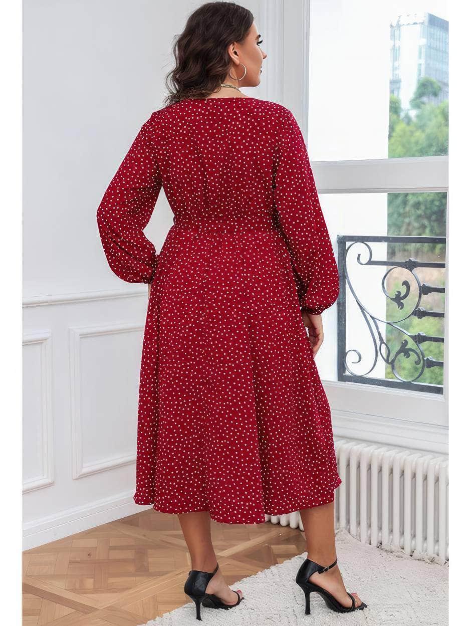 Plus Size Polka Dot Waist Sash Side Slit Dress