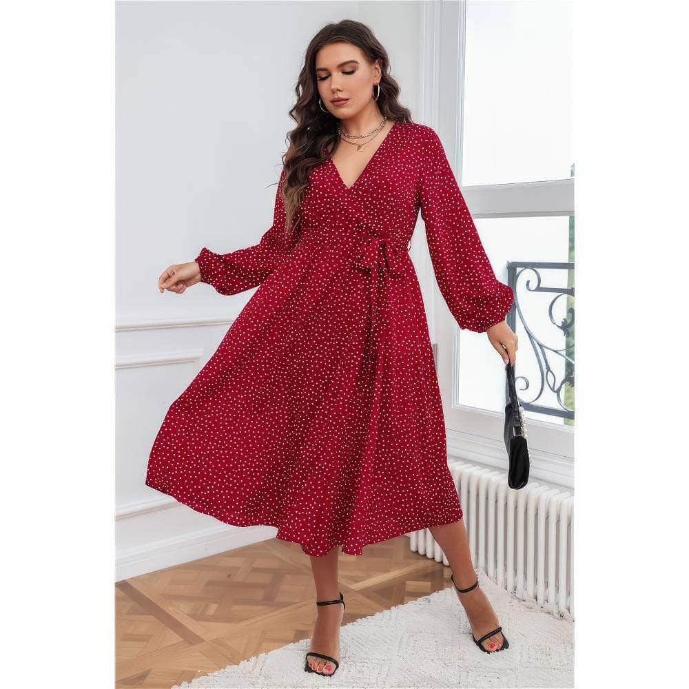 Plus Size Polka Dot Waist Sash Side Slit Dress