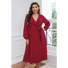 Plus Size Polka Dot Waist Sash Side Slit Dress