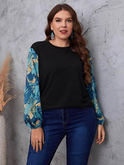 Plus Size Printed Lantern Sleeves Round Neck Top