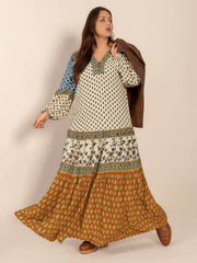 Plus Size Printed V-Neck Balloon Sleeve Maxi Dress
