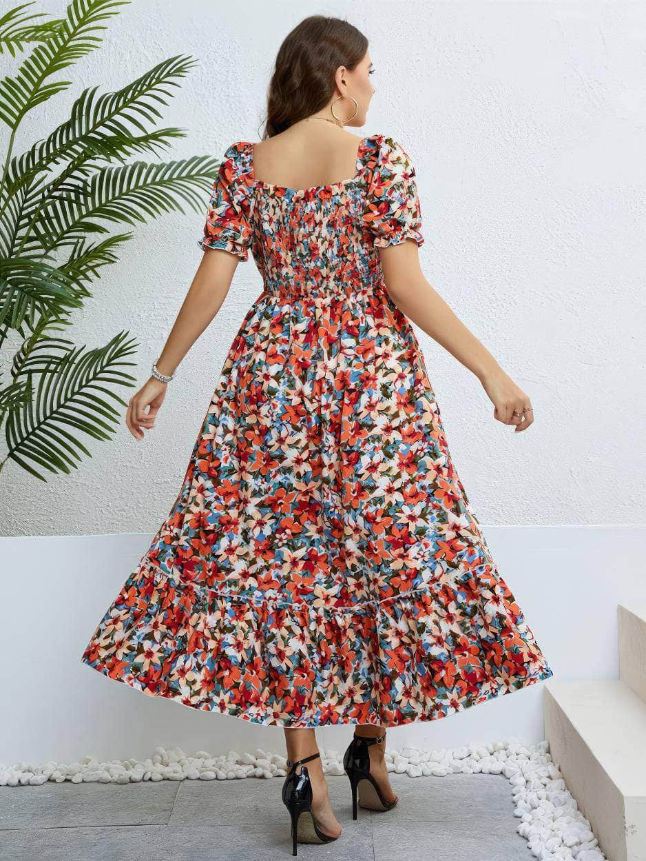 Plus Size Puff Sleeves Floral Print Shirred Frill Trim Dress