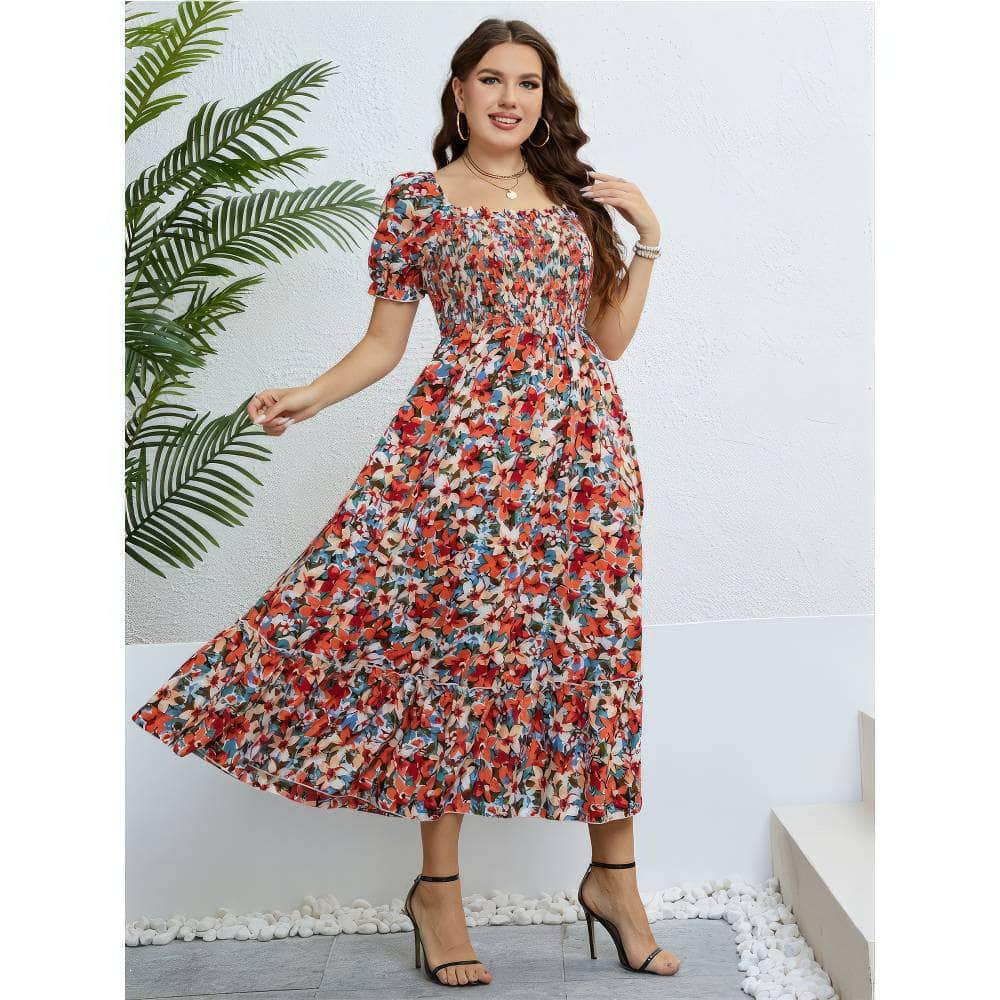Plus Size Puff Sleeves Floral Print Shirred Frill Trim Dress