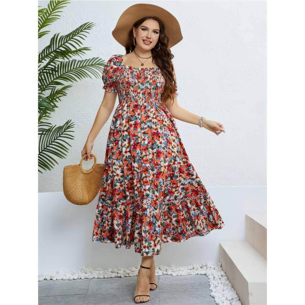 Plus Size Puff Sleeves Floral Print Shirred Frill Trim Dress