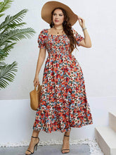 Plus Size Puff Sleeves Floral Print Shirred Frill Trim Dress US 16-18 / OrangeRed
