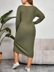 Plus Size Ribbed Round Neck Side Knot Split Dress