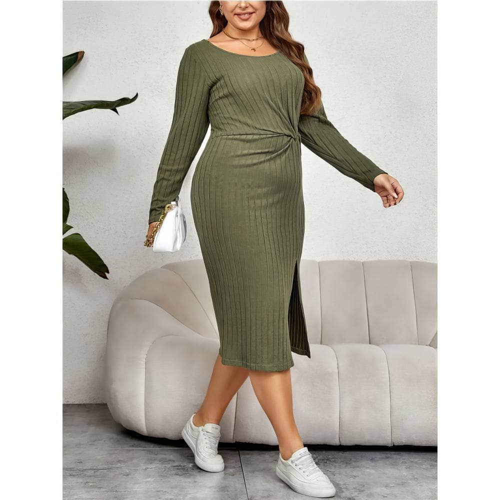 Plus Size Ribbed Round Neck Side Knot Split Dress