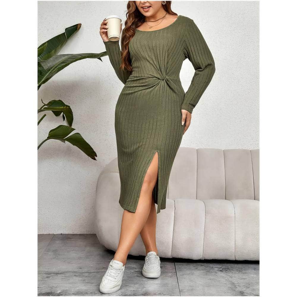 Plus Size Ribbed Round Neck Side Knot Split Dress
