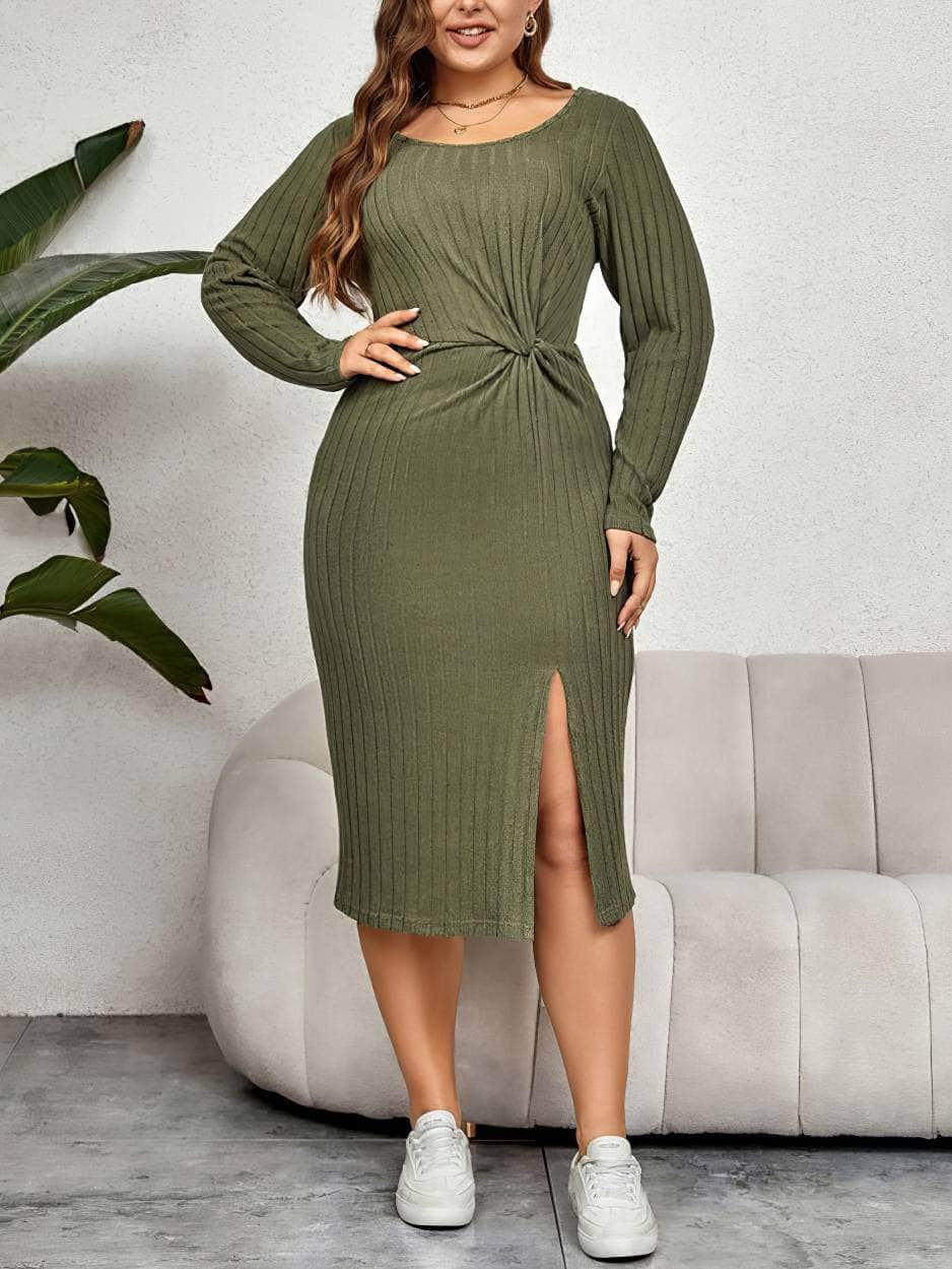 Plus Size Ribbed Round Neck Side Knot Split Dress US 16-18 / OliveDrab