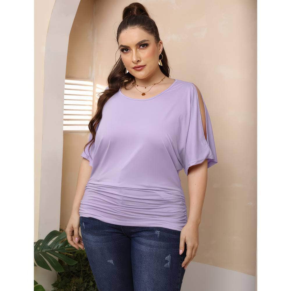 Plus Size Round Neck Cut Out Sleeves Ruched Top