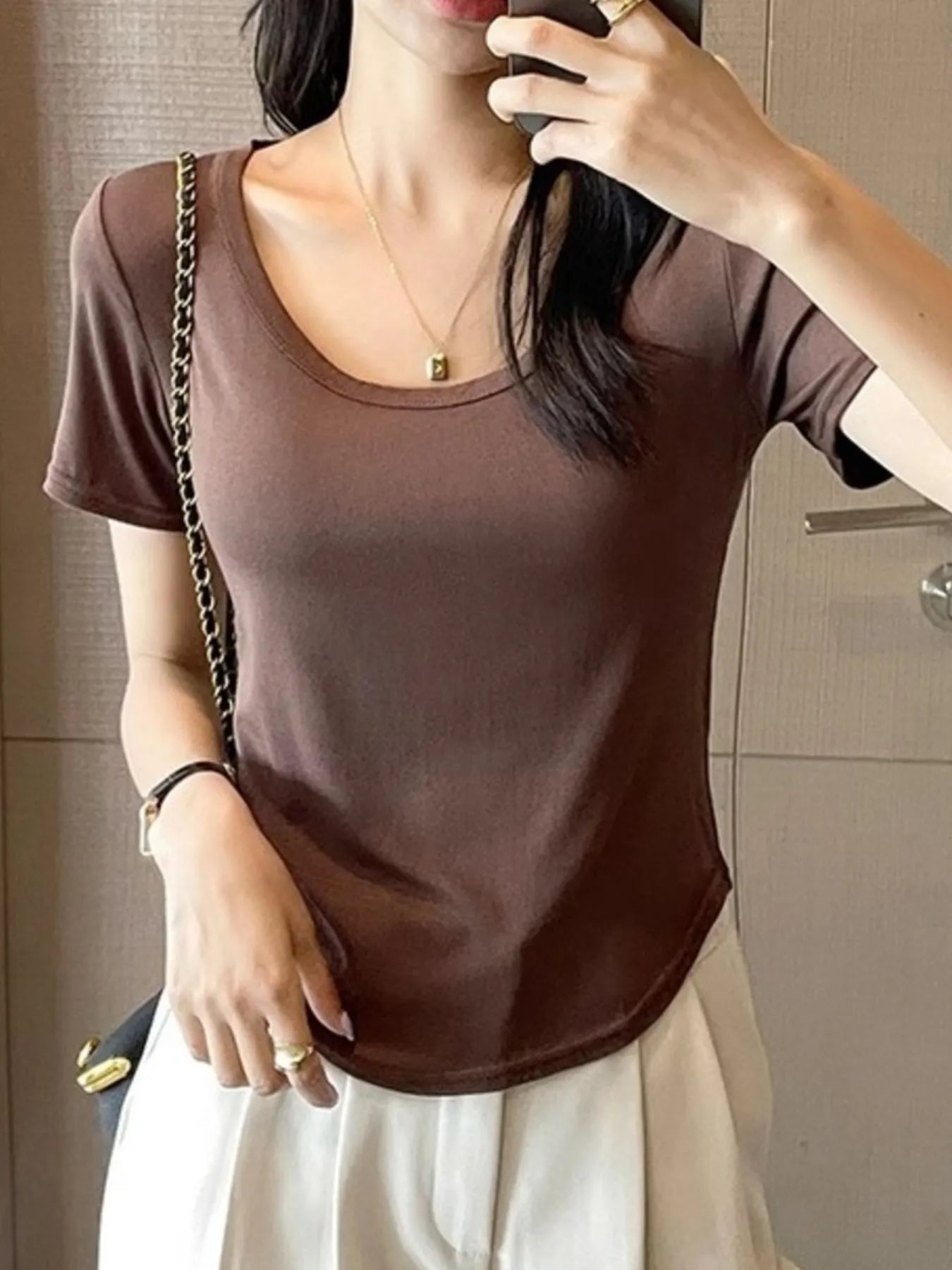 Plus Size Round Neck Short Sleeve T-Shirt Mocha / M