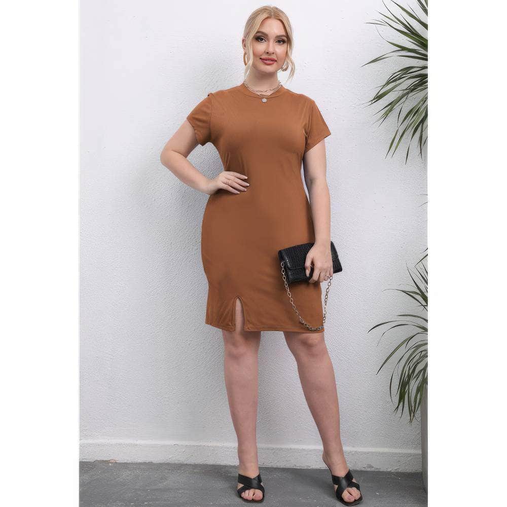 Plus Size Round Neck Short Sleeves Open Front Slit Dress