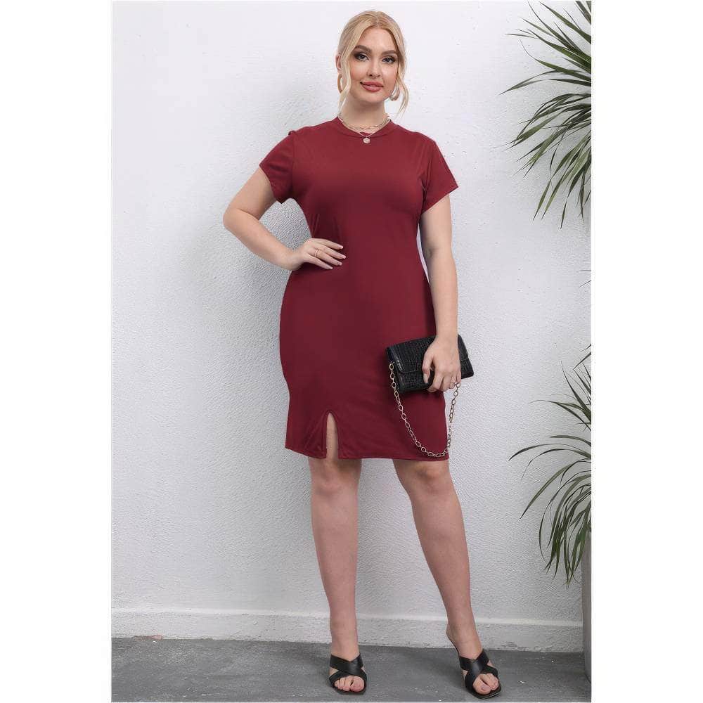 Plus Size Round Neck Short Sleeves Open Front Slit Dress