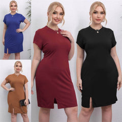 Plus Size Round Neck Short Sleeves Open Front Slit Dress