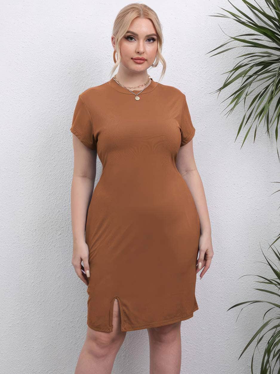 Plus Size Round Neck Short Sleeves Open Front Slit Dress US 12-14 / DarkSalmon