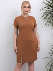 Plus Size Round Neck Short Sleeves Open Front Slit Dress US 12-14 / DarkSalmon
