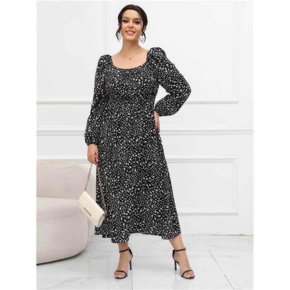 Plus Size Ruched Sleeves Square Neck Floral Print Dress