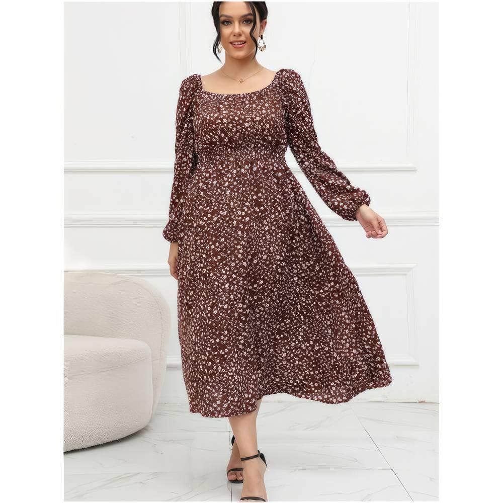 Plus Size Ruched Sleeves Square Neck Floral Print Dress