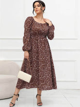 Plus Size Ruched Sleeves Square Neck Floral Print Dress US 16-18 / SaddleBrown