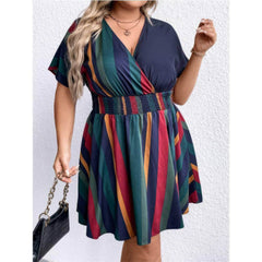Plus Size Ruched Waist Surplice Neck Striped Mini Dress