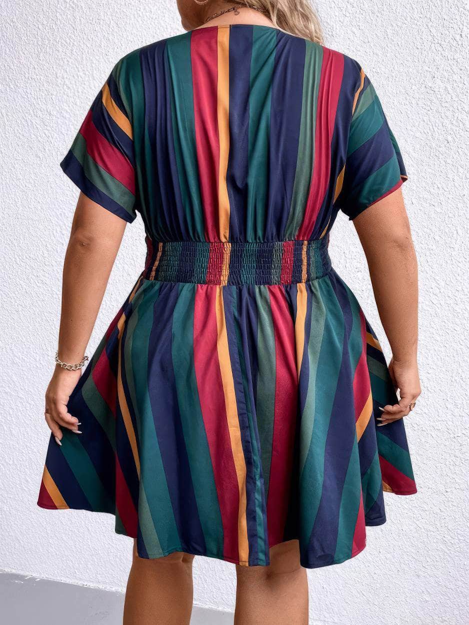 Plus Size Ruched Waist Surplice Neck Striped Mini Dress