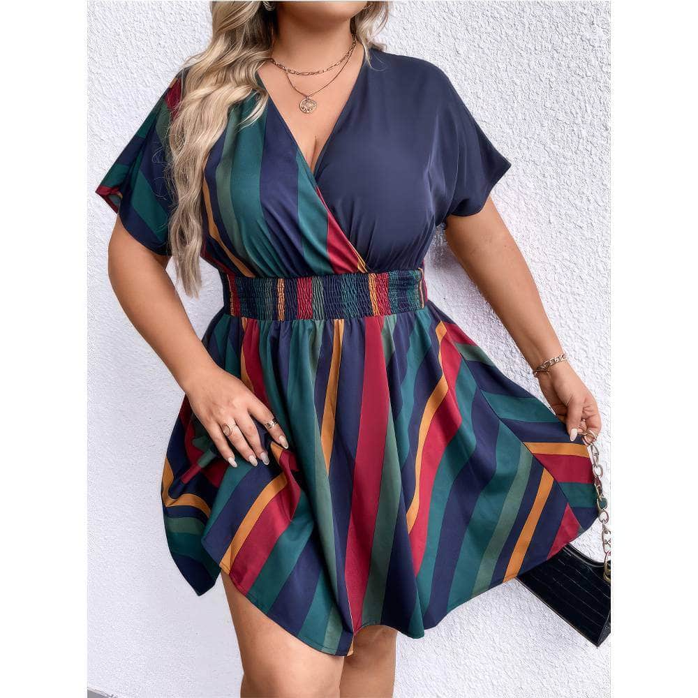 Plus Size Ruched Waist Surplice Neck Striped Mini Dress