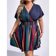 Plus Size Ruched Waist Surplice Neck Striped Mini Dress
