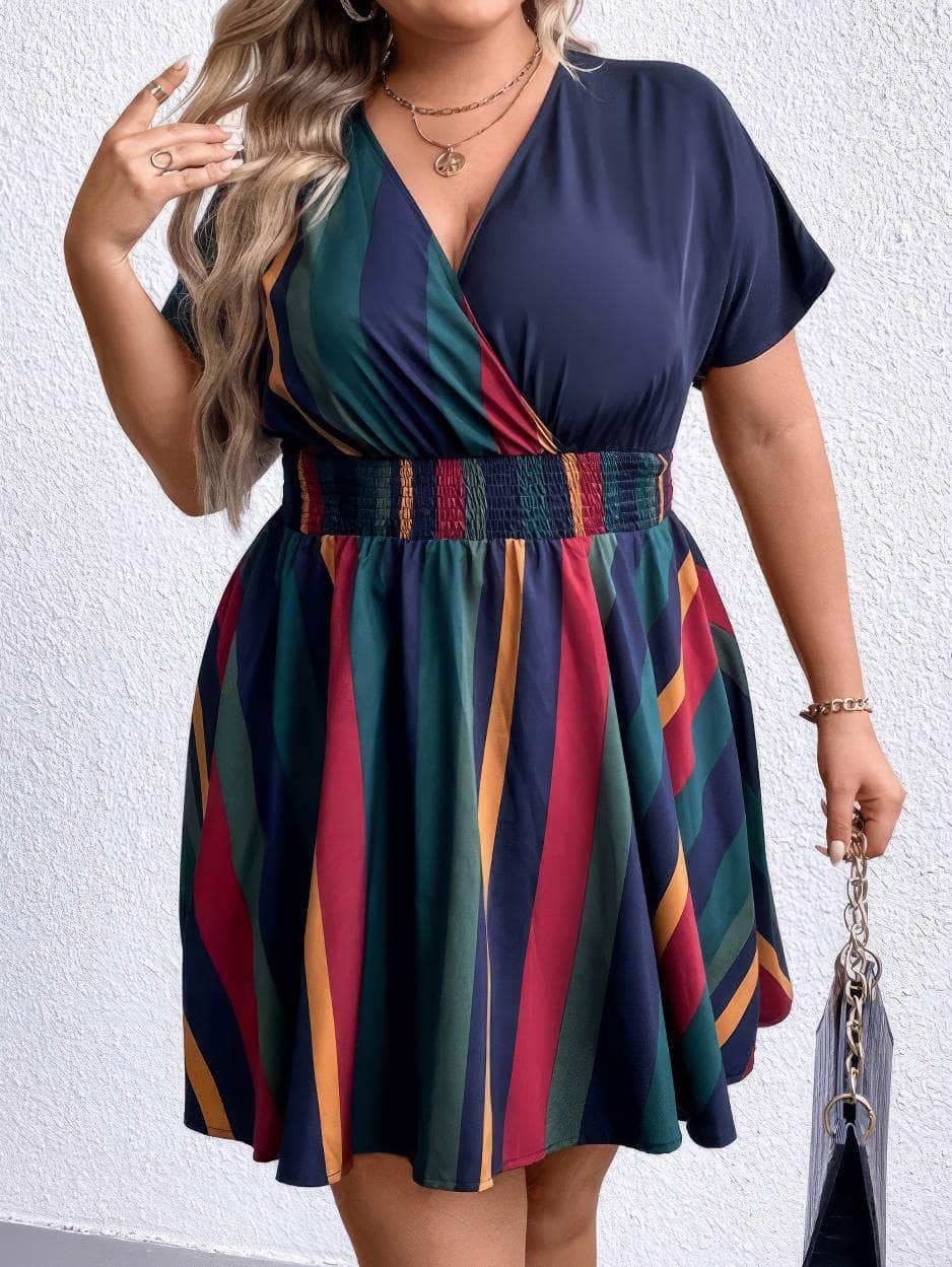 Plus Size Ruched Waist Surplice Neck Striped Mini Dress US 16-18 / Navy