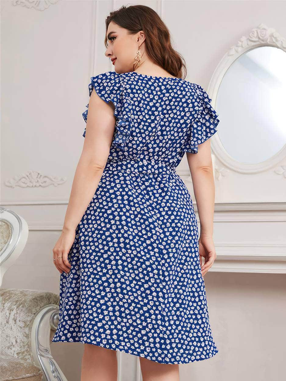 Plus Size Ruffle Sleeves Floral Print Waist Sash Dress
