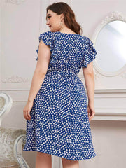 Plus Size Ruffle Sleeves Floral Print Waist Sash Dress