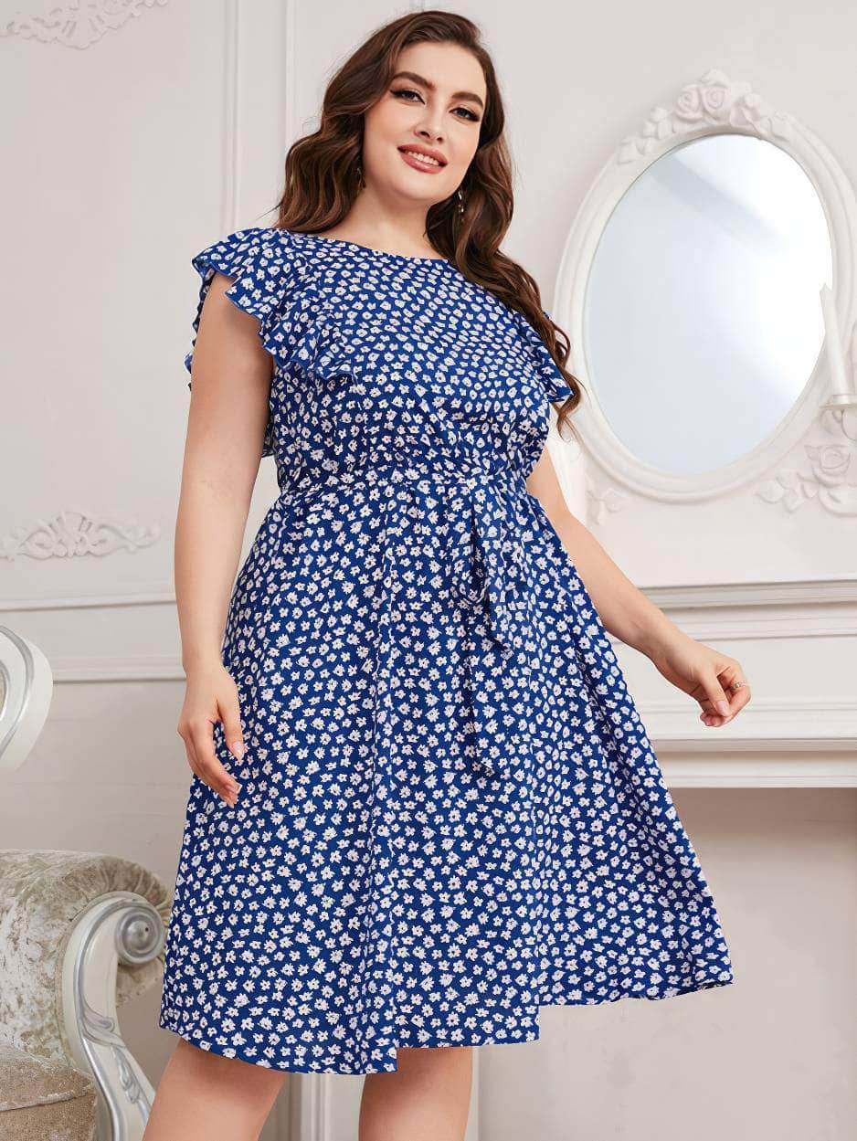 Plus Size Ruffle Sleeves Floral Print Waist Sash Dress