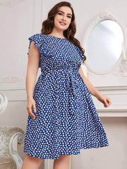 Plus Size Ruffle Sleeves Floral Print Waist Sash Dress