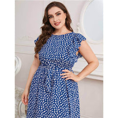 Plus Size Ruffle Sleeves Floral Print Waist Sash Dress