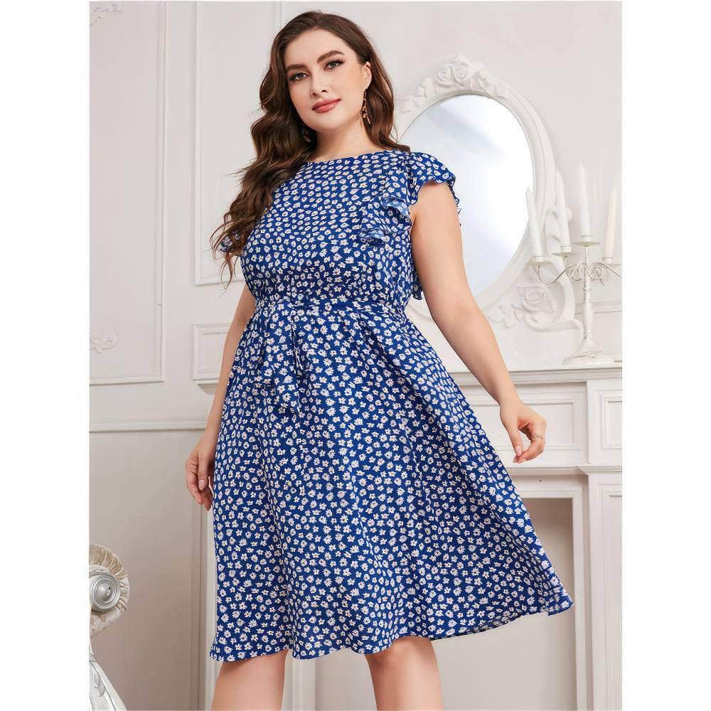 Plus Size Ruffle Sleeves Floral Print Waist Sash Dress