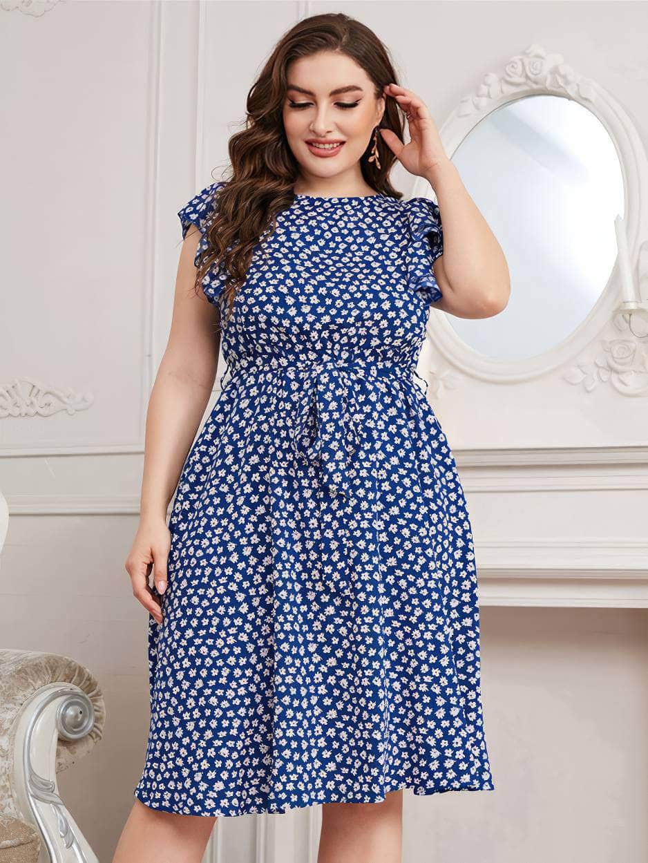 Plus Size Ruffle Sleeves Floral Print Waist Sash Dress US 16-18 / Blue