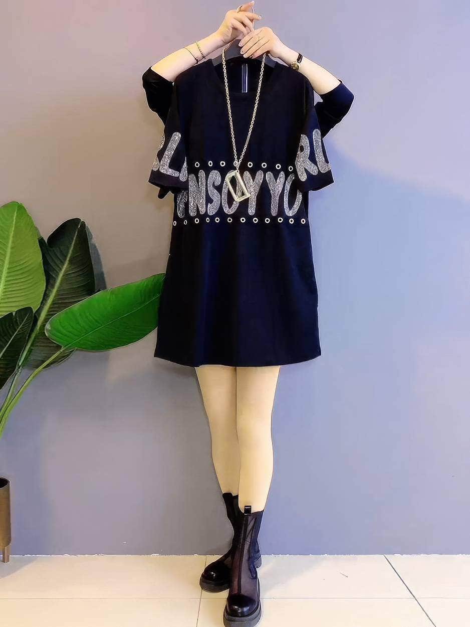 Plus Size Sequin Monogram Detailed Loose Shirt Dress