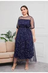 Plus Size Sequin Tulle Tea Length Dress