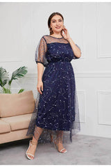 Plus Size Sequin Tulle Tea Length Dress